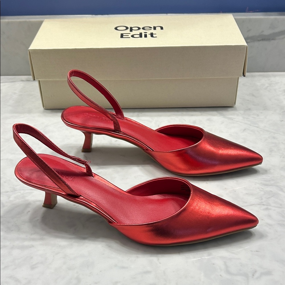 Open Edit Red Slingback Kitten Heel Pumps